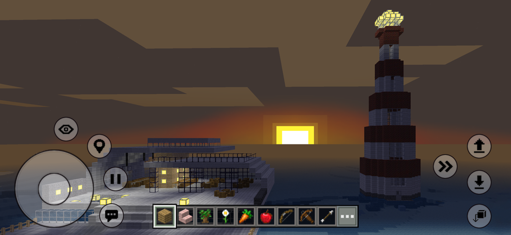 Mini Block City Craft - A voxel style lighthouse and modern building on the water during a sunset in Mini Block City Craft