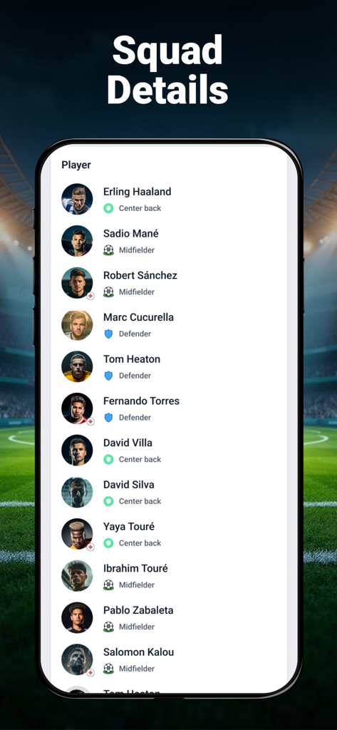 Football Live Score & Stats - Mobile app screen showing squad details with a list of soccer players and their designated positions