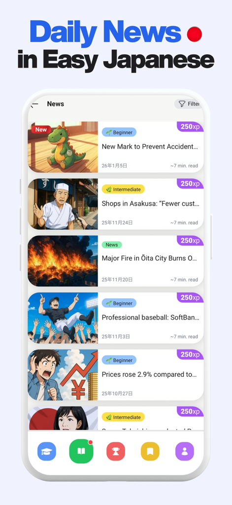 Shinobi: Read & Learn Japanese - 難易度タグとXP報酬付きの毎日の日本語ニュース記事のリスト。