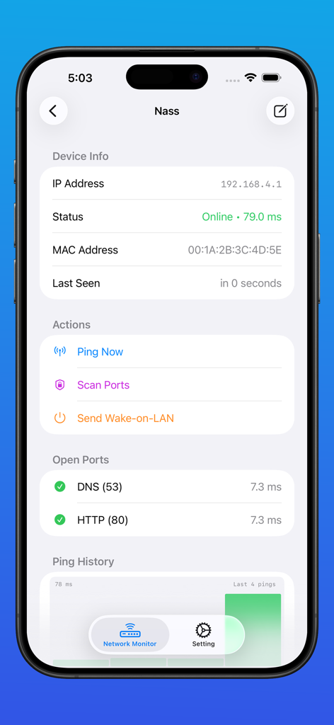 IP Monitoring Tool PingStation - Vista detallada de un dispositivo de red monitoreado en PingStation que muestra el estado y los puertos abiertos