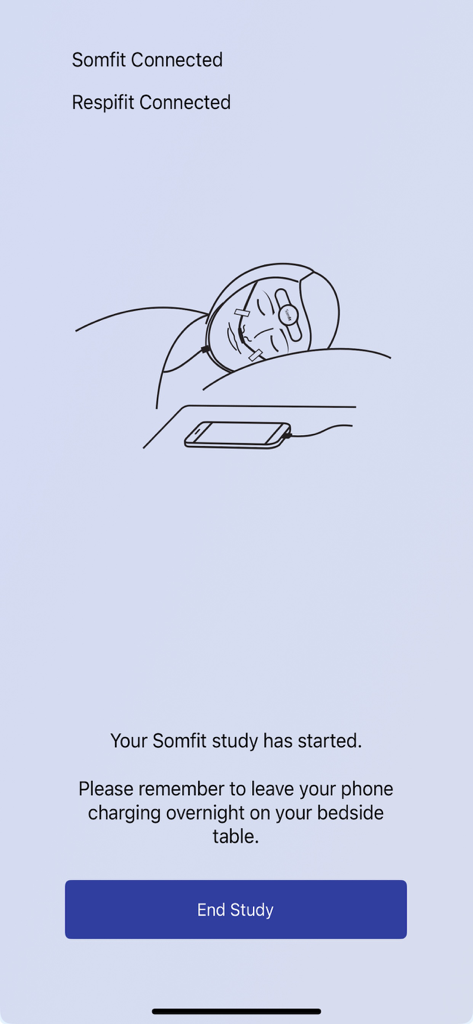 Somfit - Somfit app interface showing an active clinical sleep study session with connection status for Somfit and Respifit devices.