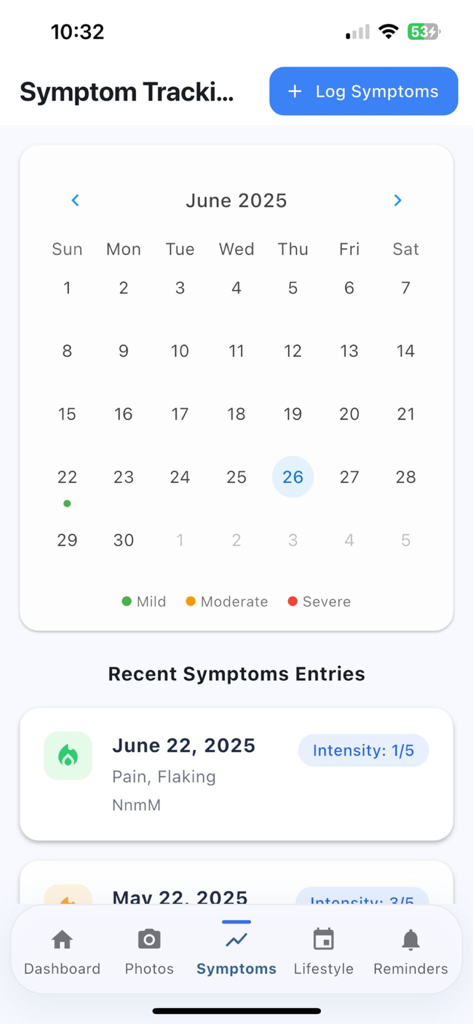 Interface of the Zeema app showing a color-coded calendar and recent symptom entries for tracking skin flare-ups