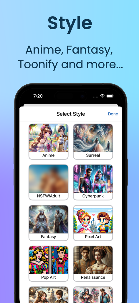 The AI Art Generator :Comfy UI - Una interfaz móvil que muestra diferentes estilos artísticos como Anime, Fantasía y Arte de Píxeles para la generación de imágenes IA.