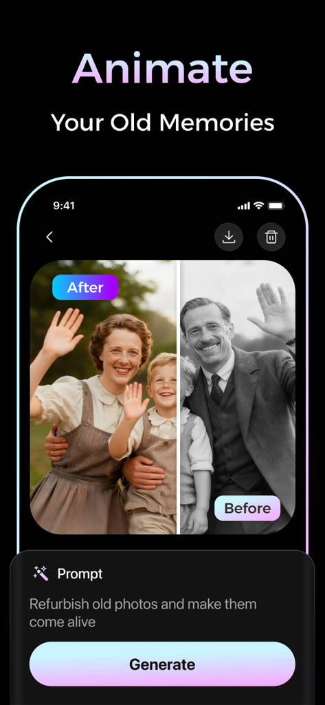 Viflux - AI Photo & AI Video - Before and after comparison showing an old black and white family photo colorized and animated using Viflux AI