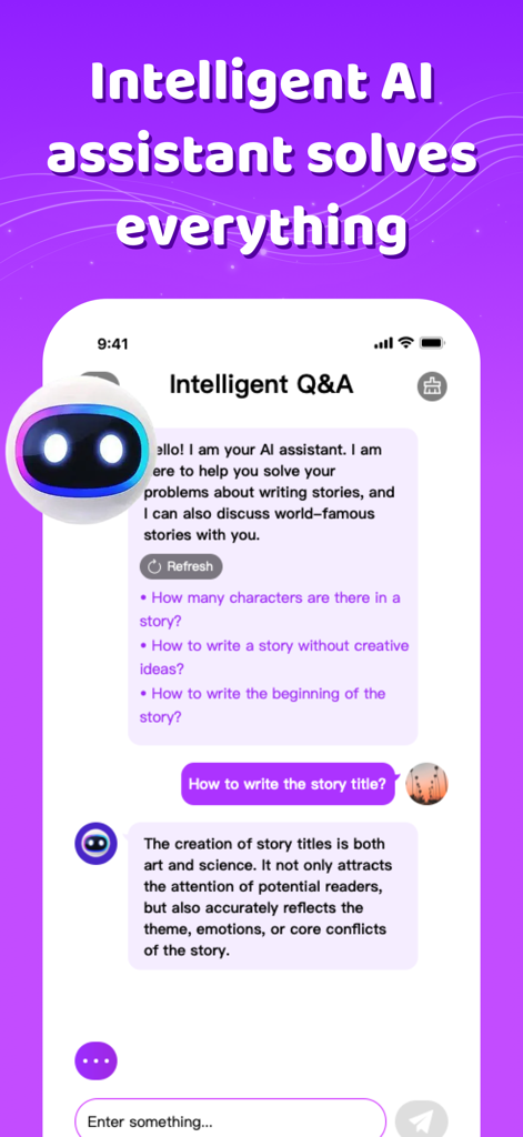 A screenshot of the Yamila app showing an AI assistant answering creative writing questions in a chat interface