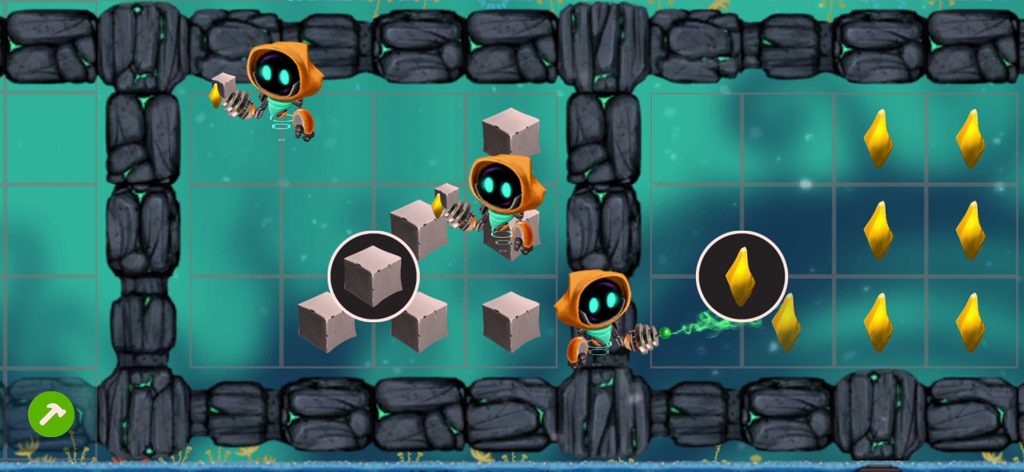 Illuminaria - Tres robots recolectando recursos de piedra y cristal en el juego Illuminaria