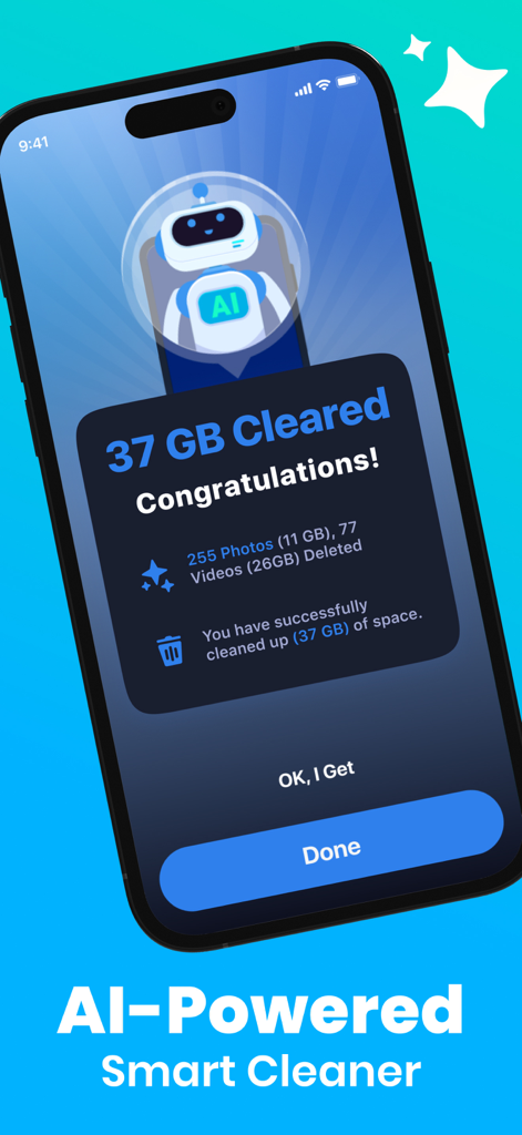 AI Phone Cleaner・Clean Storage - Smartphone screen showing 37 GB of storage successfully cleared by the AI Phone Cleaner app