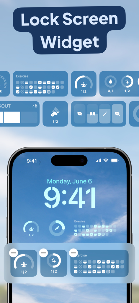 Habit Tracker Widget - iPhone lock screen displaying various habit tracking widgets for meditation, exercise, and streaks.