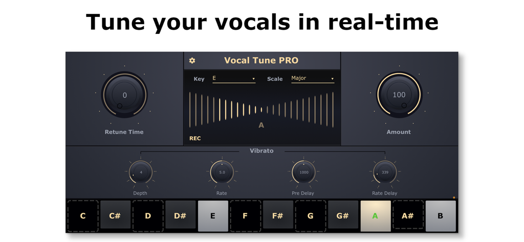 Interface of Vocal Tune PRO app showing real-time vocal tuning controls including retune time, amount, and vibrato settings with a piano keyboard layout.