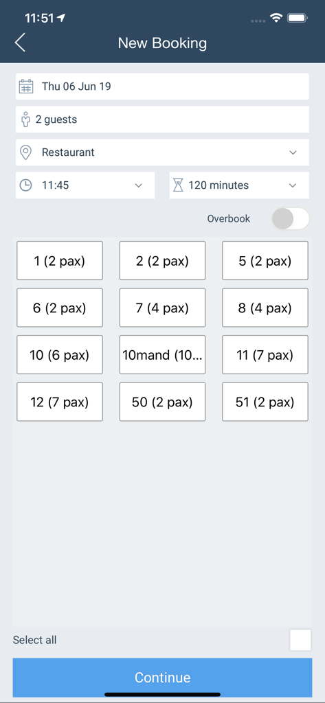 DinnerBooking Business - Interface of DinnerBooking Business app showing the new booking screen with date time and table selection grid