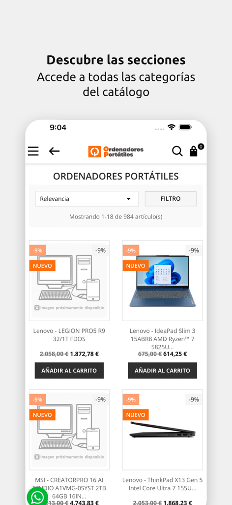 Ordenadores Portátiles - Vista do catálogo de portáteis na aplicação com preços e descontos