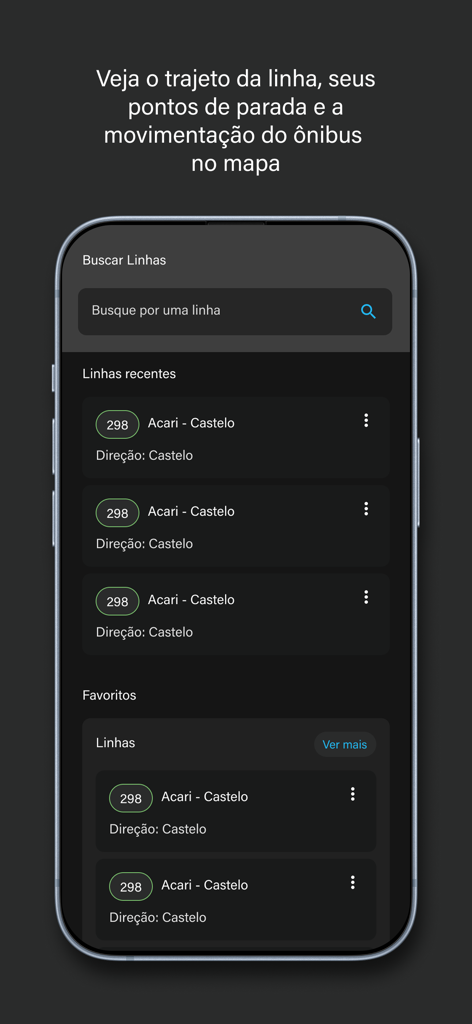 Search screen for bus lines and favorite routes in the Va de Onibus app for Rio de Janeiro transit.