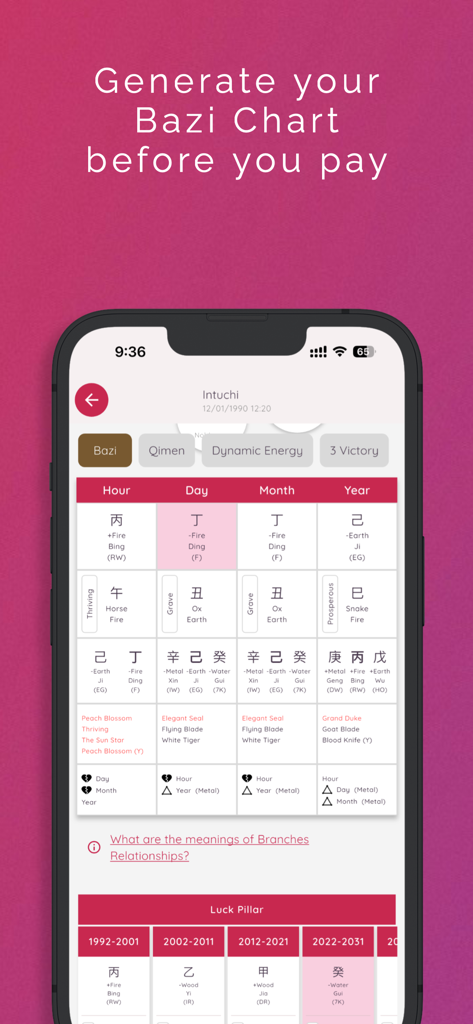 A mobile app interface displaying a detailed BaZi destiny chart with Chinese metaphysics pillars.