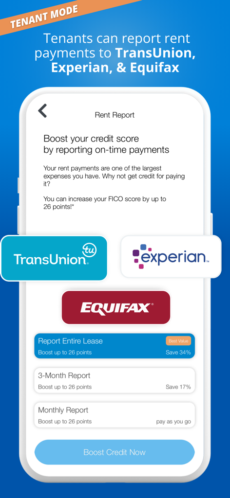 RentRedi for Tenants & Owners - RentRedi app screen showing options for tenants to boost their credit score by reporting rent payments to TransUnion Experian and Equifax