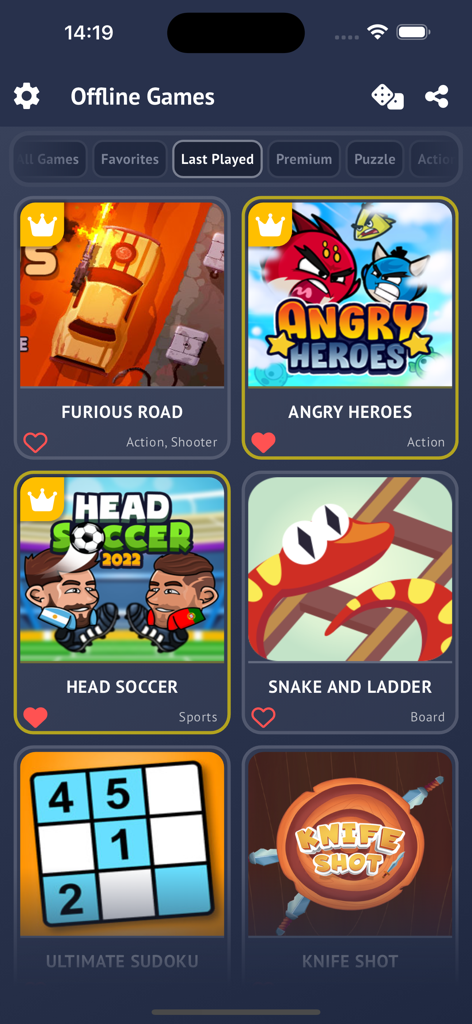 Interfaz de la aplicación Juegos sin conexión mostrando una colección de varios juegos móviles como Sudoku y Parchís