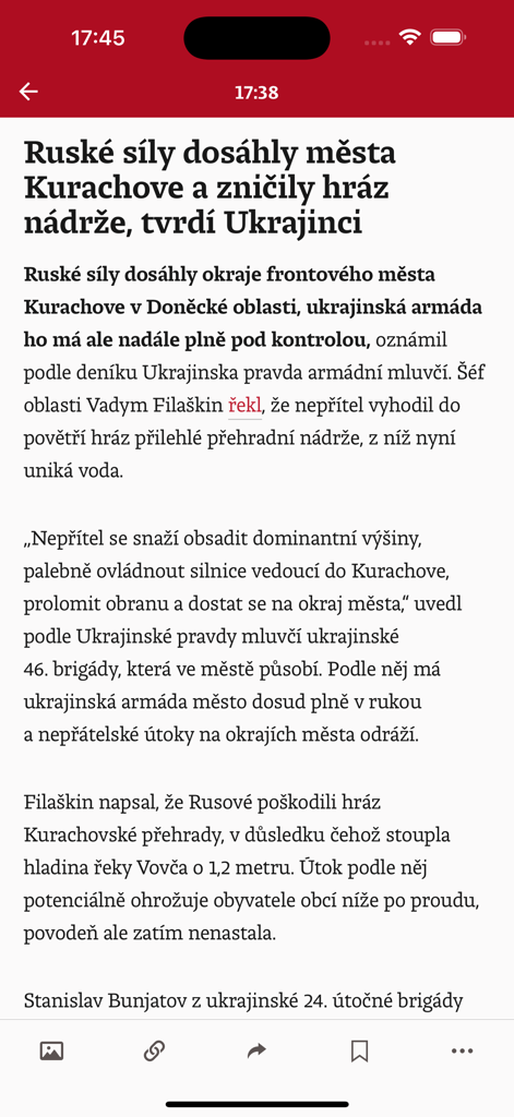 Minuta N app interface showing a news article in Czech with bottom navigation icons.