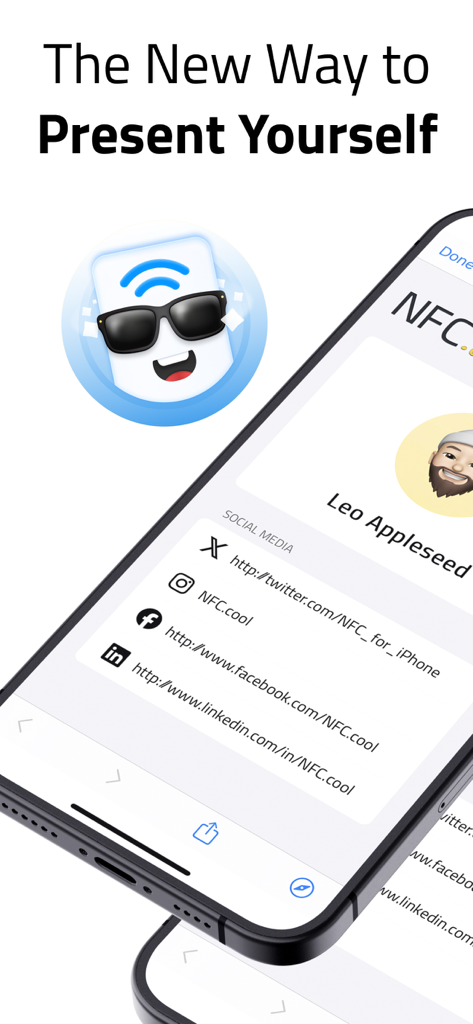The New Way to Present Yourself라는 제목 아래 소셜 미디어 링크와 전문 연락처 정보가 있는 디지털 명함이 표시된 iPhone