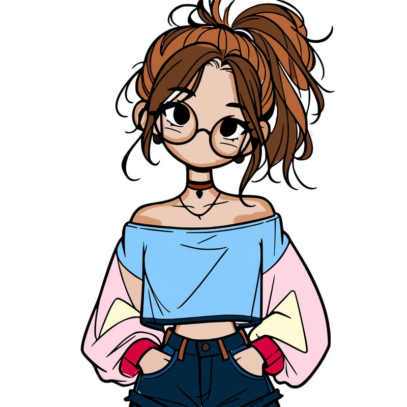 girl with a messy ponytail glasses a baggy crop top and jean shorts