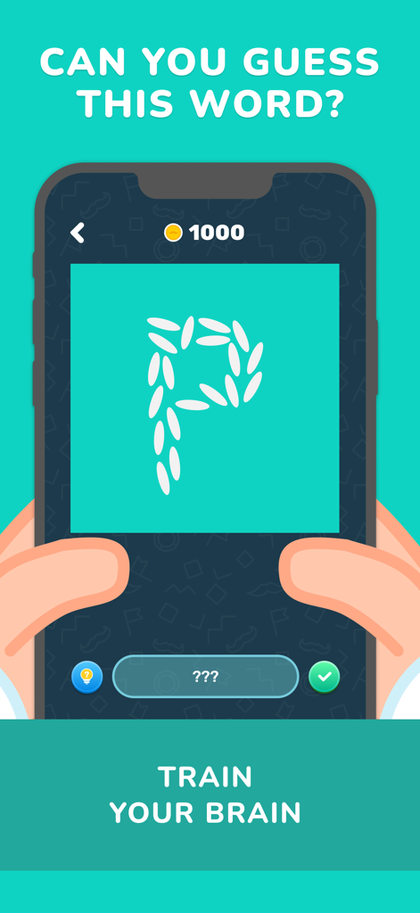 Mister Rebus - Captura de pantalla del juego móvil Mister Rebus que muestra un rompecabezas visual de la letra P hecha de granos de arroz con el texto 'Entrena tu Cerebro'