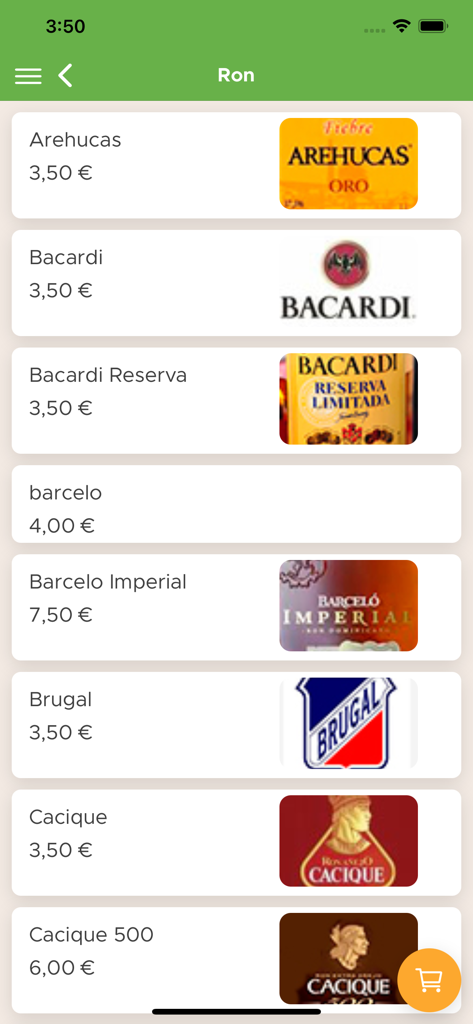 Dubliner's Alicante - Pantalla de menú digital en la aplicación móvil mostrando una lista de marcas de ron y sus precios.