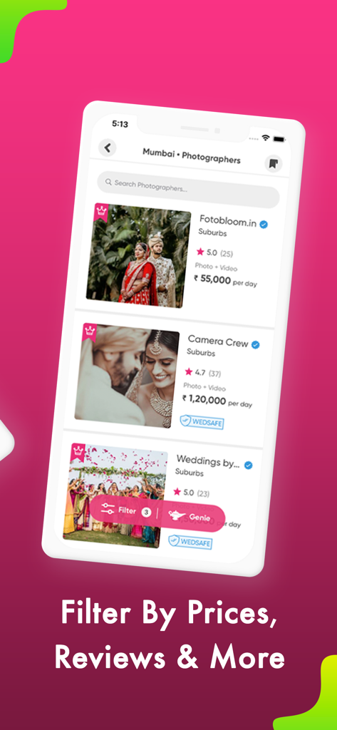 A list of wedding photographers in the WedMeGood app with price and rating filters
