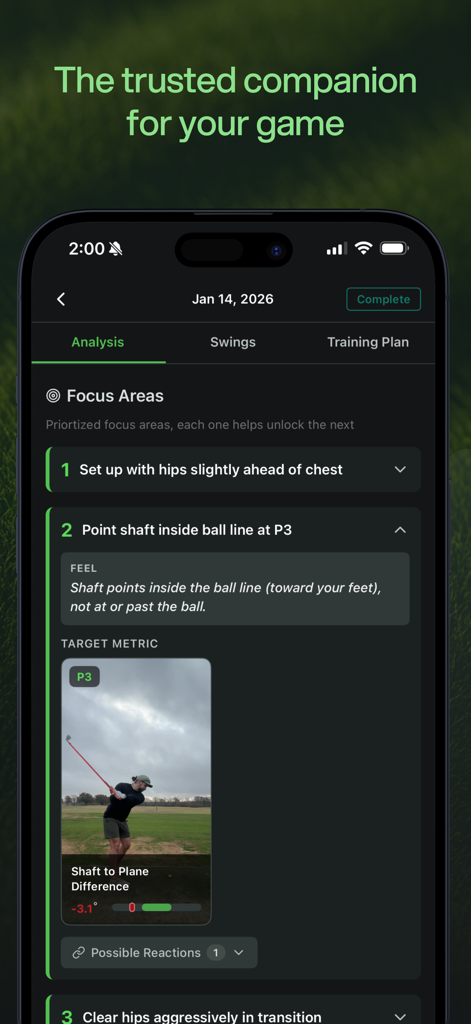 SwingReaction - SwingReaction mobile app interface displaying prioritized golf swing focus areas and AI analysis