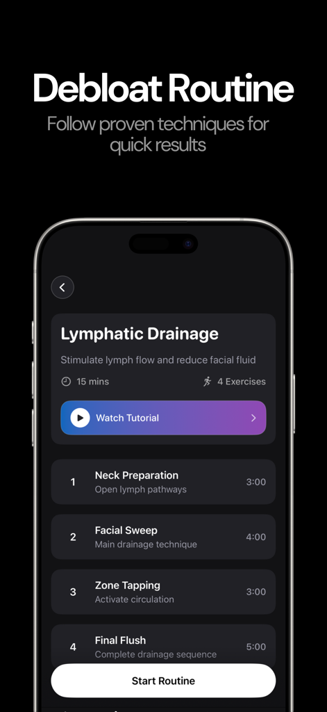 A mobile app interface showing a lymphatic drainage debloat routine with step-by-step facial exercises