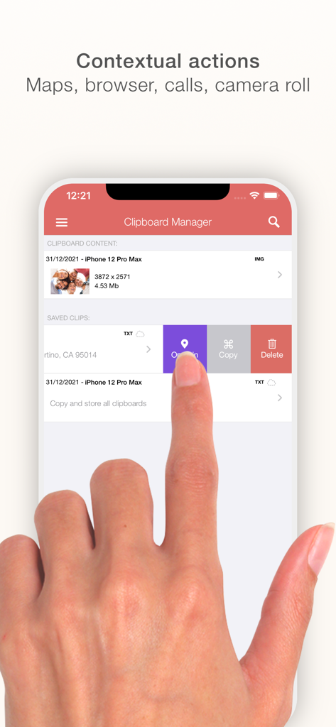 Clippo - Clipboard manager - A person using the Clippo app to access smart contextual actions like opening a location in Maps via a swipe gesture.