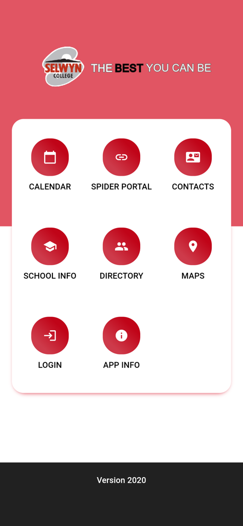 The home screen of the Selwyn College mobile app featuring a grid of menu icons including Calendar, Spider Portal, Contacts, and School Info