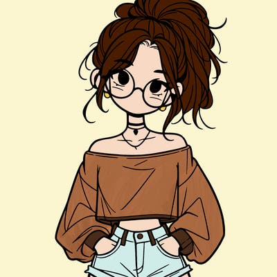 girl with a messy ponytail glasses a baggy crop top and jean shorts