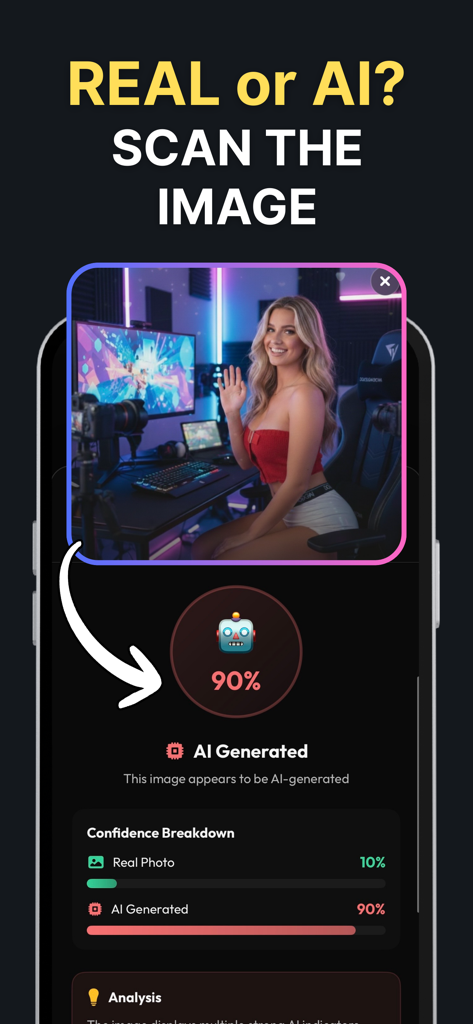 Clever AI Humanizer - HumanGPT - Interfaz de la aplicación Clever AI Humanizer que muestra un escaneo de una foto con un puntaje de confianza de generación de IA del noventa por ciento.