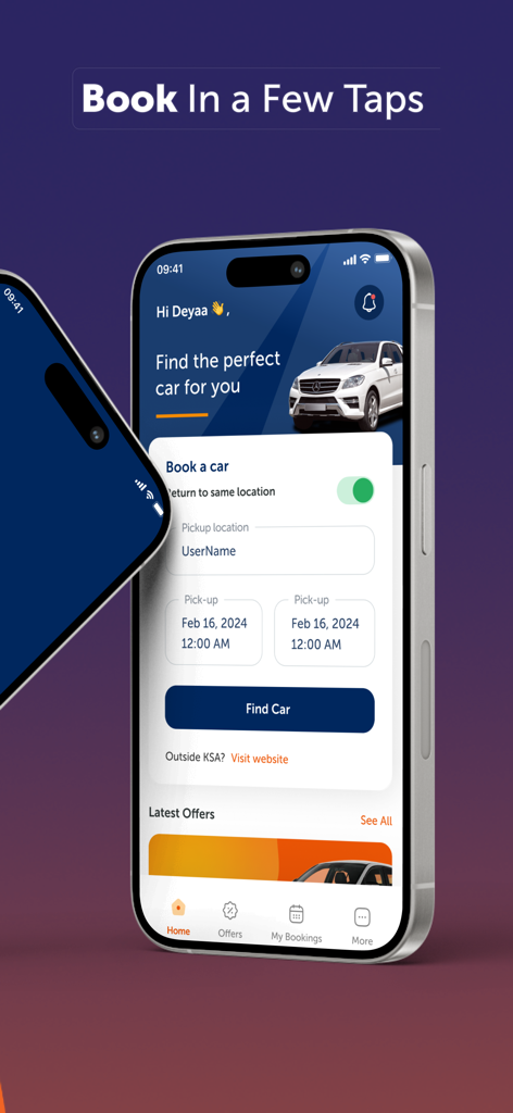 Budget Saudi Car Rental - Smartphone screen showing the Budget Saudi car rental app booking interface with pickup and date selection options.