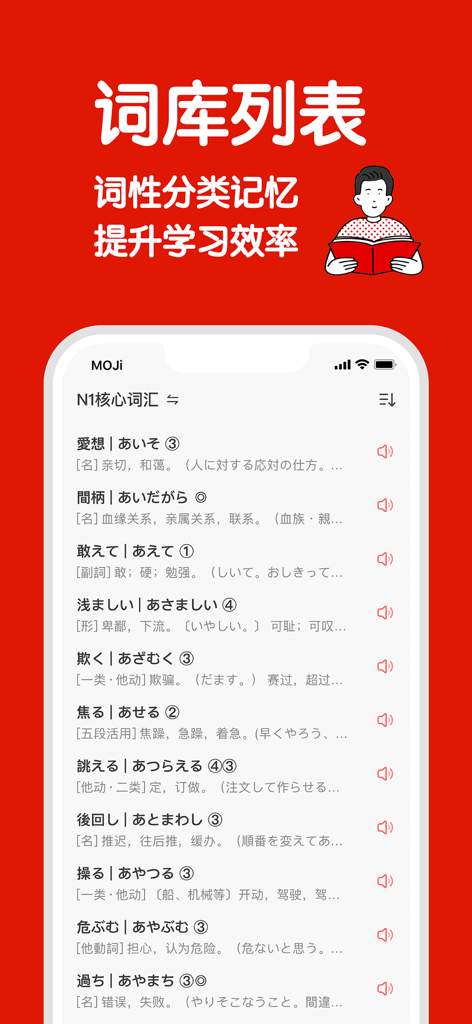 Interfaccia dell'app MOJiTest che mostra un elenco di parole di vocabolario giapponese JLPT N1 con definizioni e guide alla pronuncia.