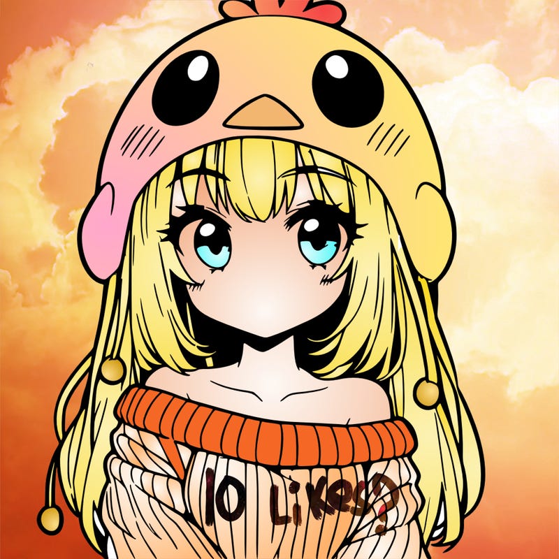 anime girl with chick shaped hat with sweater with bare shoulders with bangs covering them one eye with low tail