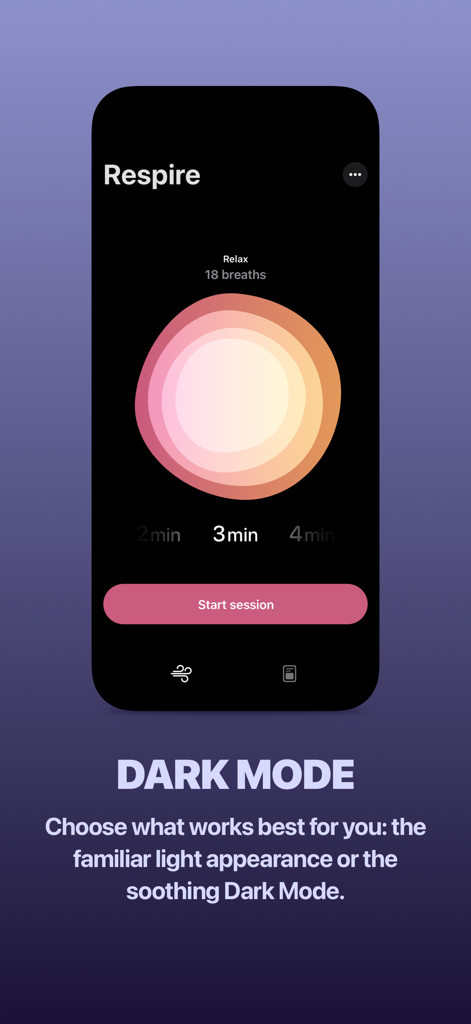 Screenshot of the Respire app showing its soothing dark mode interface with a circular breathing guide and session timer.