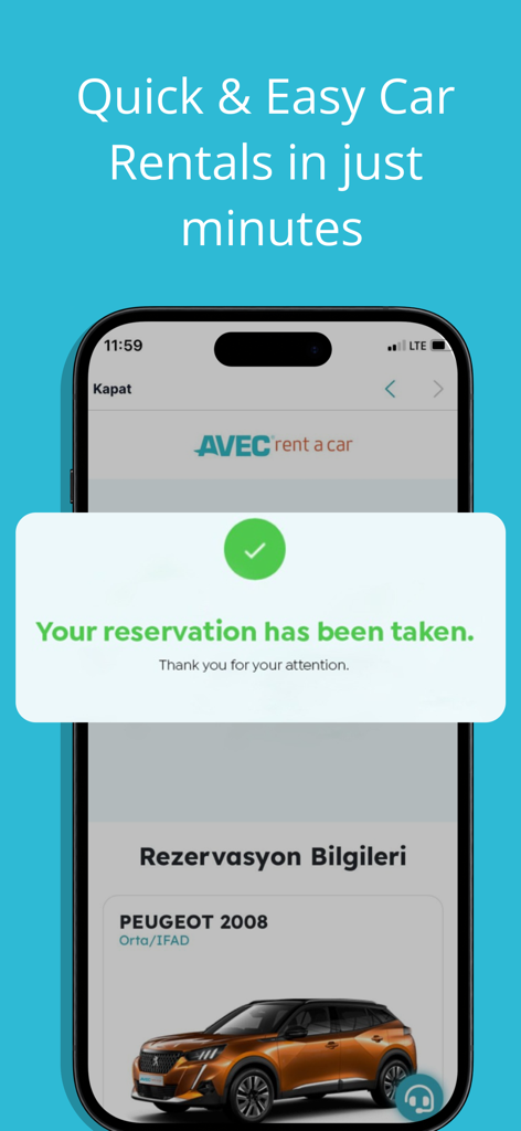 AVEC rent a car - Application mobile de location de voitures AVEC affichant un message de confirmation de réservation réussie