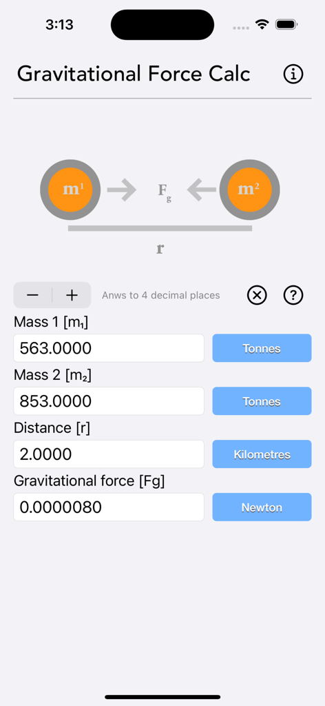 Gravitational Force Calculator - User interface of a physics calculator app showing mass and distance inputs to calculate gravitational force.