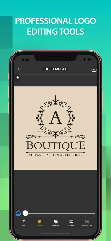 Logo Maker: Create & Design - Interfaz de la aplicación móvil mostrando herramientas de edición de logos profesionales para un diseño de boutique vintage