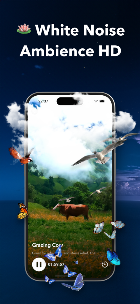 Thunderstorm Sleep Sounds - Smartphone displaying a high-definition visual soundscape with a grazing cow and butterflies.