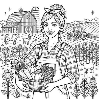 Immerse yourself in the charming world of agriculture with this engaging farmer girl coloring page. Featuring a smiling farmer amidst a vibrant farm scene with fresh produce, animals, and machinery, it's perfect for a relaxing artistic escape.
