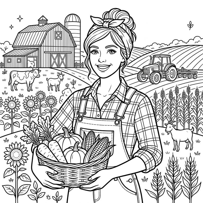 Immerse yourself in the charming world of agriculture with this engaging farmer girl coloring page. Featuring a smiling farmer amidst a vibrant farm scene with fresh produce, animals, and machinery, it's perfect for a relaxing artistic escape.