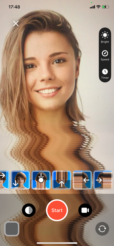 Interface of the Time Warp Effect Video app showing a distorted face filter