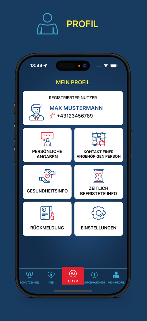 User profile screen of the Rettung emergency app featuring personal and health information settings