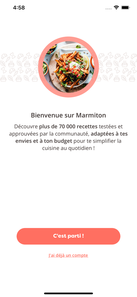 Marmiton app welcome screen with a recipe image and a start button