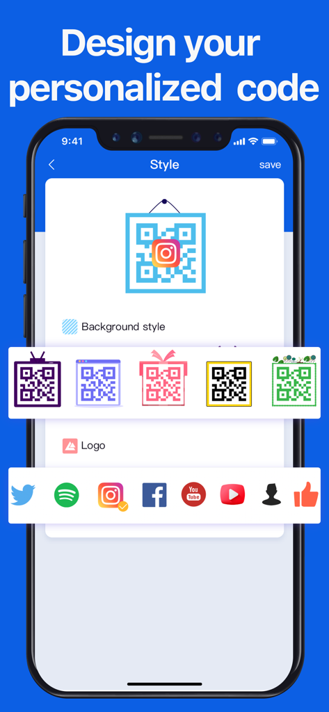 QR Code Reader - No Ads - Écran d'une application mobile montrant les options de conception et de personnalisation des codes QR avec différents cadres et logos de médias sociaux comme Instagram et Facebook.