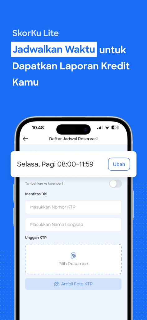 Smartphone displaying the SkorKu Lite app screen for scheduling a credit report and entering ID details