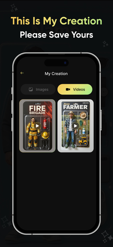 Galeria de figuras de ação 3D personalizadas em embalagens de caixas de brinquedo criadas com AI Doll Maker.