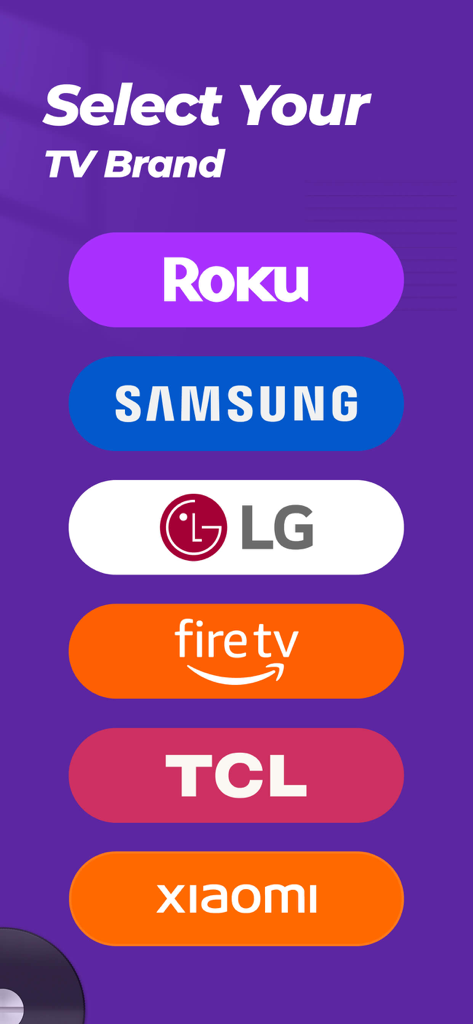 iTV Remote: Universal Control - Pantalla de selección de marca de TV en la aplicación iTV Remote mostrando compatibilidad con Roku Samsung LG Fire TV TCL y Xiaomi
