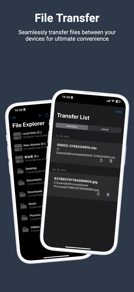 Captura de pantalla de la aplicación PC Remote mostrando el explorador de archivos y la lista de transferencia para mover archivos entre un dispositivo móvil y un ordenador.