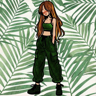 girl in baggy pants crop top and long hair